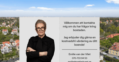 Emilie Van Der Vliet mäklare i Alvik, Traneberg, Norra Ängby, Mariehäll, Blackeberg, Södra Ängby, Abrahamsberg, Äppelviken, Riksby och Ålsten